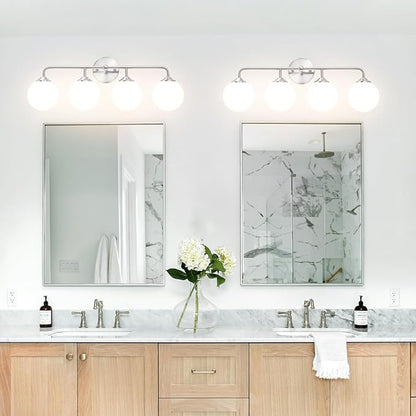 Modern 4-Lights Brushed Nickel Vanity Lights Over Mirror, Bathroom Lighting Fixtures with Milk White Globe Glass Shade, Industrial Bathroom Wall Sconce for Dressing Table Bedroom Living Room