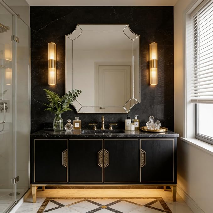 30"x36" Gold Mirror, Brushed Brass Scalloped Wall Mirror, Bathroom Wall Mirror with Stainless Steel Metal Frame, Unique Vanity Mirror with Modern Curved Edge Design, Thin Frame Deep 1"