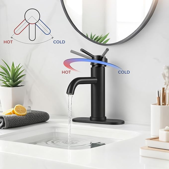 Bathroom Sink 1 Hole Single Handle Lever Faucets Stainless Steel | Pop Up Drain,Deck Plate,Flexible Hoses,1 or 3 Hole,Modern,for Vanity RV Bath Basin Wash Room Restroom Home,Matte Black