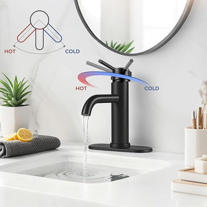 Bathroom Sink 1 Hole Single Handle Lever Faucets Stainless Steel | Pop Up Drain,Deck Plate,Flexible Hoses,1 or 3 Hole,Modern,for Vanity RV Bath Basin Wash Room Restroom Home,Matte Black