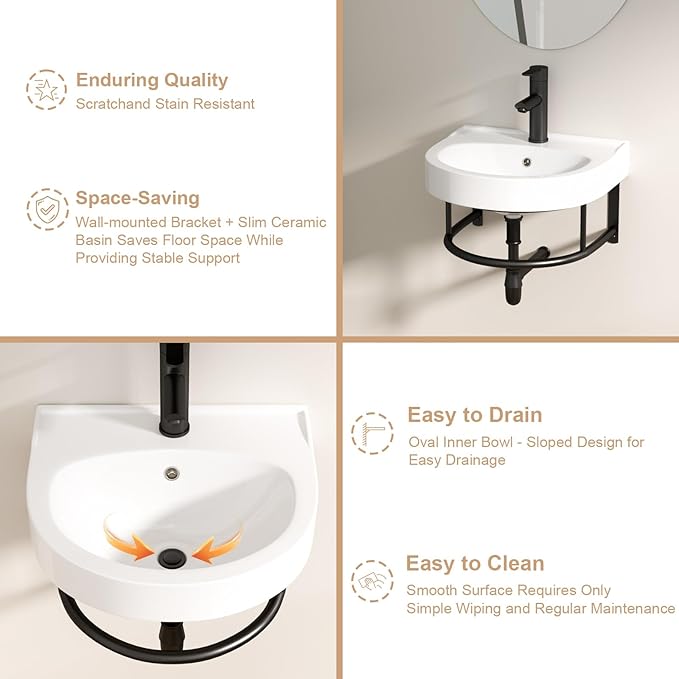 Logmey 16 Inch Wall Mount Bathroom Sink 16"x14" Floating Sink White Porcelain Ceramic Wall Hung Vessel Sink Wash Hand Basin with Bracket