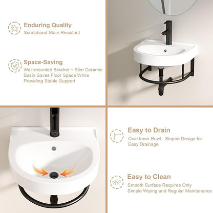 Logmey 16 Inch Wall Mount Bathroom Sink 16"x14" Floating Sink White Porcelain Ceramic Wall Hung Vessel Sink Wash Hand Basin with Bracket