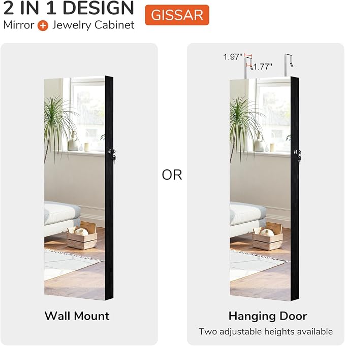 GISSAR Full Length Mirror Jewelry Cabinet, 6 LEDs Jewelry Armoire Wall Mounted Over The Door Hanging, Jewelry Organizer Storage with Lights Lockable, Black, 14.6" x 47.2"
