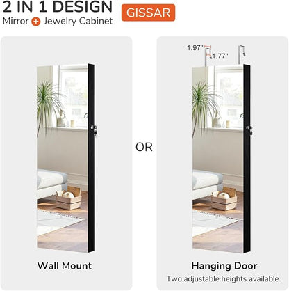 GISSAR Full Length Mirror Jewelry Cabinet, 6 LEDs Jewelry Armoire Wall Mounted Over The Door Hanging, Jewelry Organizer Storage with Lights Lockable, Black, 14.6" x 47.2"