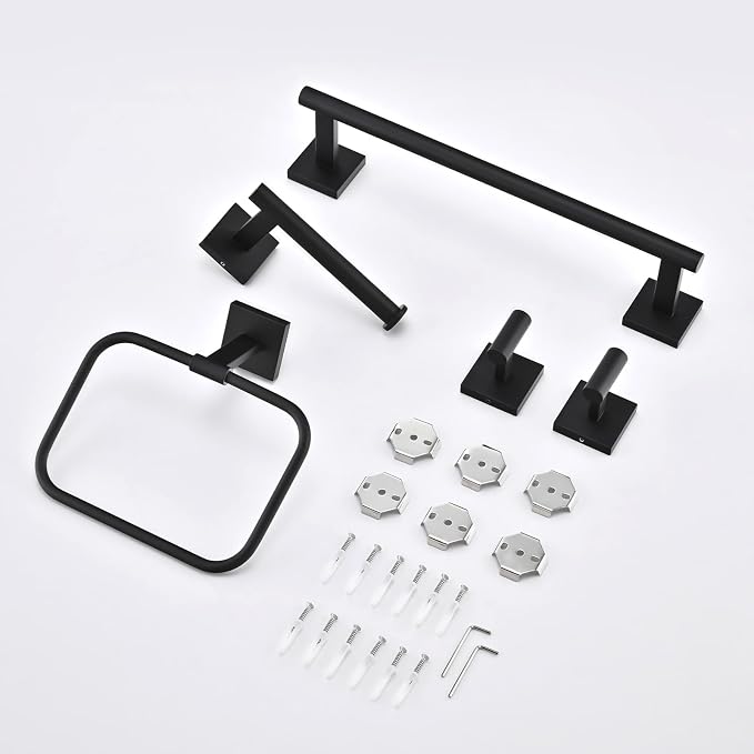 16 in 5-Piece Bathroom Hardware Set, Matte Black | SUS304 stainless steel, towel bar, towel ring, toilet paper holder, 2 robe hooks, hidden screw mount