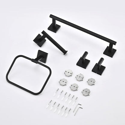 16 in 5-Piece Bathroom Hardware Set, Matte Black | SUS304 stainless steel, towel bar, towel ring, toilet paper holder, 2 robe hooks, hidden screw mount