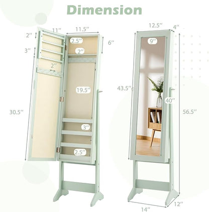 MAT EXPERT Jewelry Armoire Cabinet w/Full-Length Mirror, Jewelry Organizer Standing Mirror w/ 4 Shelves, 3 Adjustable Tilt Angles, Anti-toppling Device, Jewelry Cabinet for Bedroom, Living Room, Green
