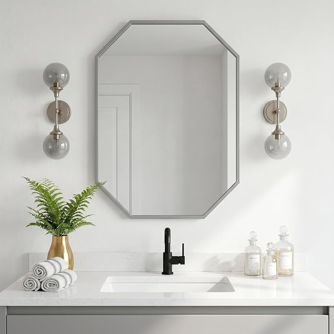20x28 Inch Octagon Mirror for Bathroom Silver Wall Mirror Rectangle Mirror | Silver Bathroom Mirror Metal Frame Wall Mirror Decorative Rustic Accent Vanity Mirror Hanging for Over Sink Entryway