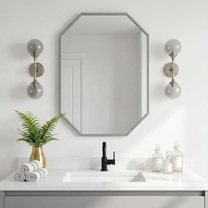 20x28 Inch Octagon Mirror for Bathroom Silver Wall Mirror Rectangle Mirror | Silver Bathroom Mirror Metal Frame Wall Mirror Decorative Rustic Accent Vanity Mirror Hanging for Over Sink Entryway