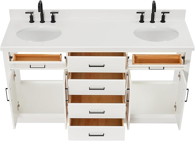 ARIEL Hepburn 66-inch Bathroom Vanity with Sink,Solid Wood, 1.5-inch Pure White Quartz Countertop & Backsplash, Double Oval Porcelain Sink, 4 Soft Closing Doors, 6 Dovetail Drawers, White