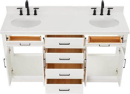 ARIEL Hepburn 66-inch Bathroom Vanity with Sink,Solid Wood, 1.5-inch Pure White Quartz Countertop & Backsplash, Double Oval Porcelain Sink, 4 Soft Closing Doors, 6 Dovetail Drawers, White