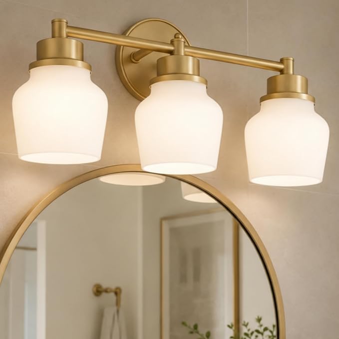 Emak Gold Vanity Light with Milk Glass Shade, Modern Bathroom Light Fixtures Over Mirror, 3-Light Bathroom Vanity Lights for Mirror, Bath, VL122-GD-ML-3