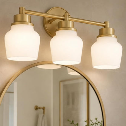 Emak Gold Vanity Light with Milk Glass Shade, Modern Bathroom Light Fixtures Over Mirror, 3-Light Bathroom Vanity Lights for Mirror, Bath, VL122-GD-ML-3