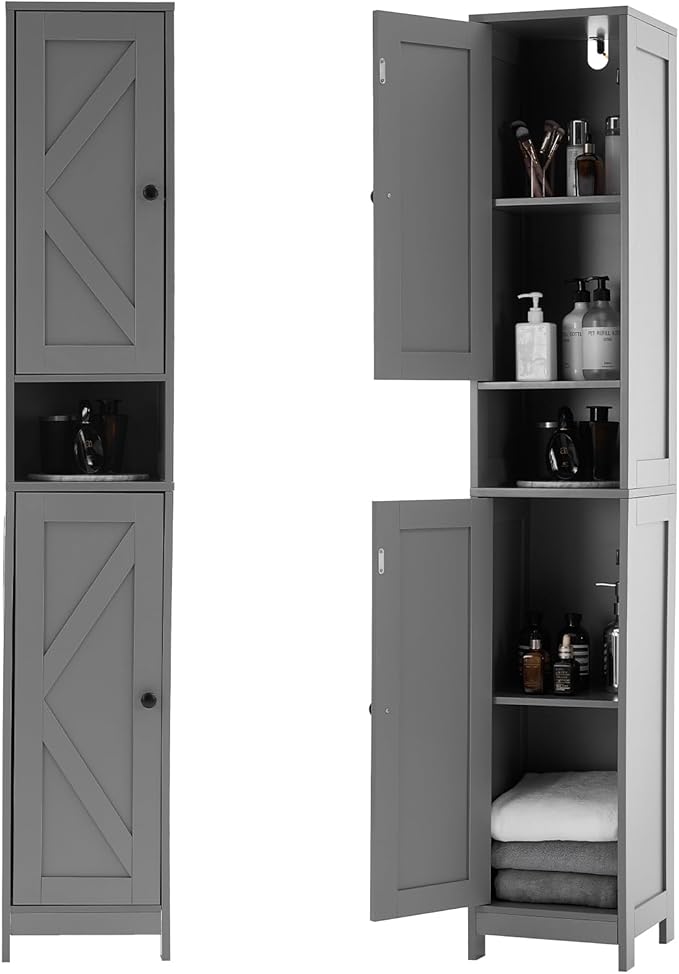 GarveeHome Tall Narrow Bathroom Cabinet, 66.9" Small Skinny Bathroom Storage Cabinet for Small Spaces | Freestanding Water Resistant Organizer for Bathroom, Kitchen, Hallway (2 Doors, Grey)