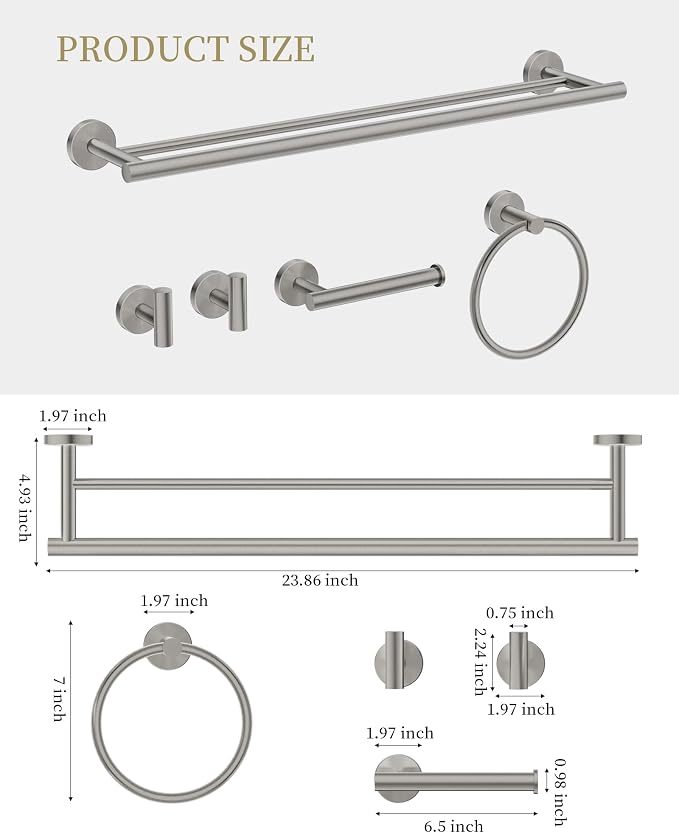 Brushed Nickel Bathroom Hardware Accessories Set 5 pcs Towel Holder Bar Set | 24 inches Stainless Steel Towel Bar, Towel Racks for Bathroom Robe Towel Hooks Toilet Paper Holder Wall Mounted by BATHLAVISH