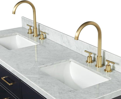 ARIEL Hepburn 60-inch Bathroom Vanity with Sink,Solid Wood, 1.5-inch Italian Carrara Marble Countertop, Double Rectangular Porcelain Sink, 4 Soft Closing Doors, 6 Dovetail Drawers, Black