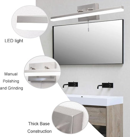 COTULIN 24-Inch Modern Brushed Nickel Bathroom Light Fixture - 180° Rotatable LED Chrome Vanity Light Bar for Over-Mirror Use, 12W Bathroom Sconce Wall Lighting with Switch on/Off