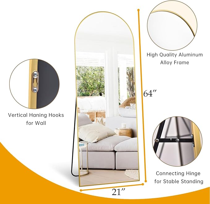 Dewfig Mirror Full Length, 64"X21" Arched Floor Mirror, Gold | Aluminum Alloy Frame Full Body Mirror, HD Shatterproof Tempered Glass, Lean/Stand/Wall for Living Room,Bedroom, Dressing Room