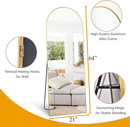 Dewfig Mirror Full Length, 64"X21" Arched Floor Mirror, Gold | Aluminum Alloy Frame Full Body Mirror, HD Shatterproof Tempered Glass, Lean/Stand/Wall for Living Room,Bedroom, Dressing Room
