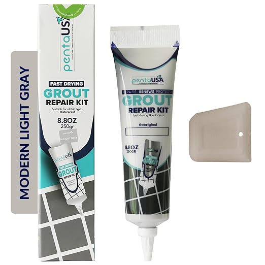 Premixed Tile Grout Repair - Modern Light Grey (8.8oz/250g) | 5 gray shades with RAL codes, premixed acrylic sanded, bathroom shower kitchen tile, water-resistant, 24-hour cure, 29 sq ft