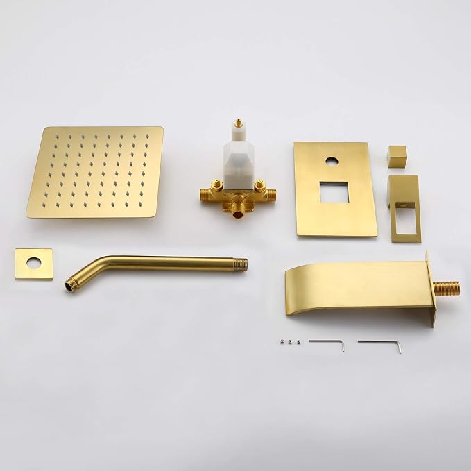 SUMERAIN Wall Mount Tub and Shower Faucet Set, Brushed Gold | 8 Inch High Pressure Shower Head, Waterfall Tub Spout, Anti-scalding Pressure Balance Valve