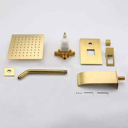 SUMERAIN Wall Mount Tub and Shower Faucet Set, Brushed Gold | 8 Inch High Pressure Shower Head, Waterfall Tub Spout, Anti-scalding Pressure Balance Valve