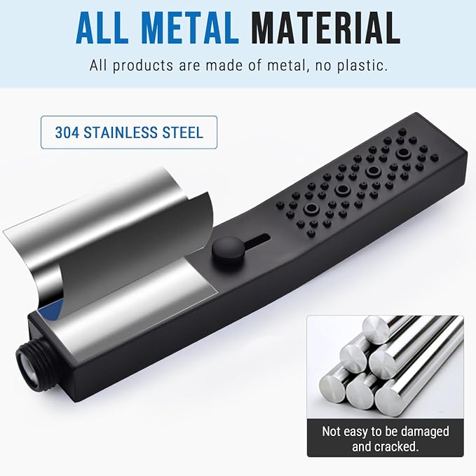 G-Promise All Metal Square 3 Function Handheld Shower Head(Matte Black) | All Metal Construction, 3 Function Modes with Massage, Modern Look, Push Switch, Easy Installation