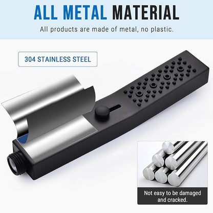 G-Promise All Metal Square 3 Function Handheld Shower Head(Matte Black) | All Metal Construction, 3 Function Modes with Massage, Modern Look, Push Switch, Easy Installation