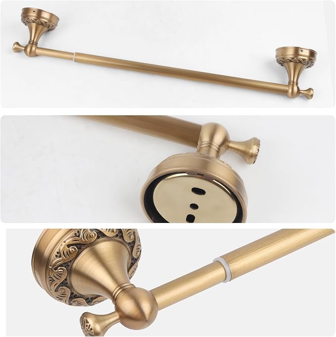 Antique Brass Towel Bar Wall Mount, Adjustable 13-24 inch Bath Towel Rod Holder, Vintage Gold Decorative Bathroom Accessories