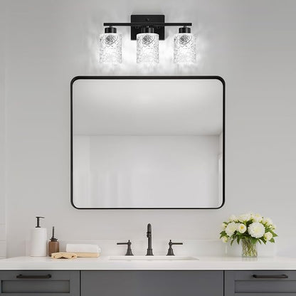 3-Light Bathroom Light Fixtures, Black Vanity Lights Over Mirror | Wall Sconces with Clear Textured Glass Shades for Living Room Bedroom Hallway,E26 Base (Bulbs Not Included)