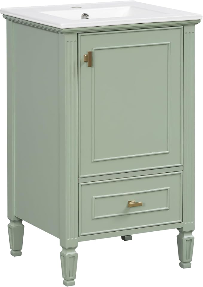 Merax 20 Inch Small Bathroom Vanity with Sink, Vanity Cabinet with Bottom Drawer and Door Rack Organizer, Adjustable Shelf, Green