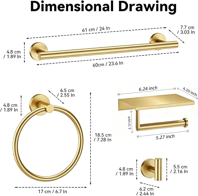 Gold 5-Piece Bathroom Hardware Set, 23.6 Inch Towel Bar Set SUS304 Stainless Steel Towel Racks for Bathroom Round Towel Bar, Towel Ring, Toilet Paper Holder, 2 Robe Hooks, Wall Mounted
