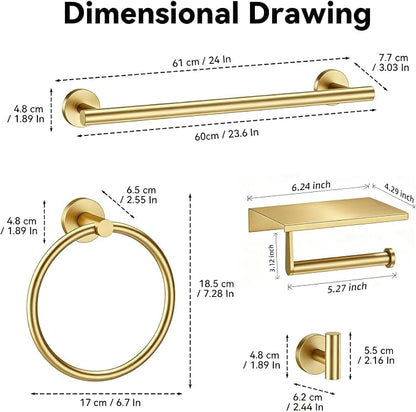 Gold 5-Piece Bathroom Hardware Set, 23.6 Inch Towel Bar Set SUS304 Stainless Steel Towel Racks for Bathroom Round Towel Bar, Towel Ring, Toilet Paper Holder, 2 Robe Hooks, Wall Mounted