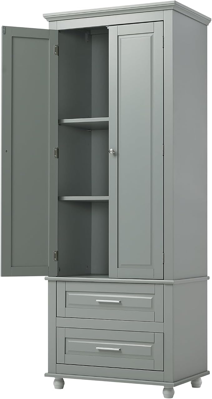 Merax 62.5" Pantry Cabinet with Two Doors & Two Drawers, Adjustable Shelves Storage Cupboard for Kitchen/Dining Room/Bathroom, Gray