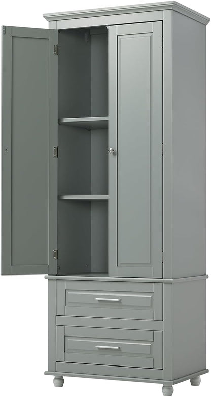 Merax 62.5" Pantry Cabinet with Two Doors & Two Drawers, Adjustable Shelves Storage Cupboard for Kitchen/Dining Room/Bathroom, Gray