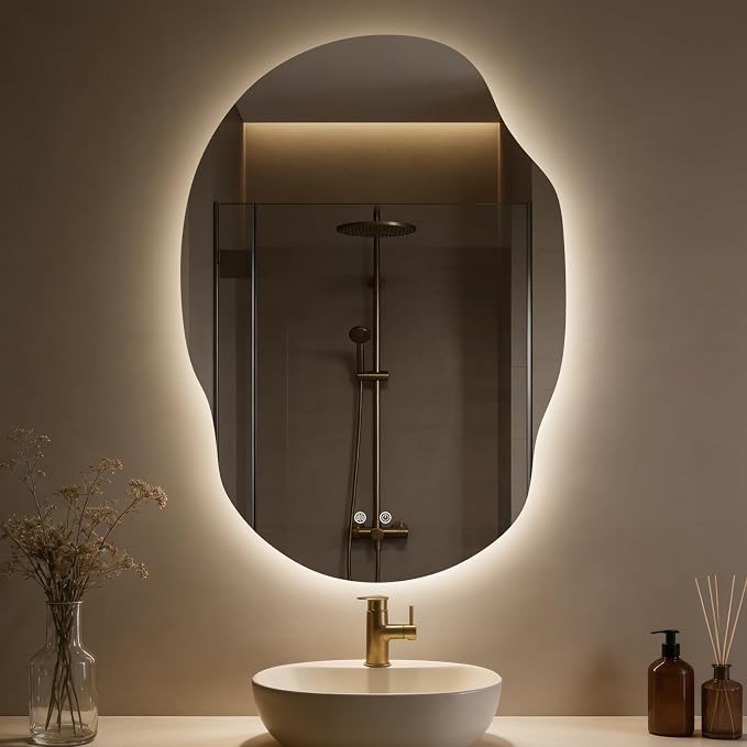 Backlit LED Bathroom Vanity Mirror with Lights, Irregular Asymmetrical Design,45" H x 32" W, Anti-Fog, Dimmable 3 Color Lighting, Memory, Hardwired Mount, Supports Horizontal & Vertical