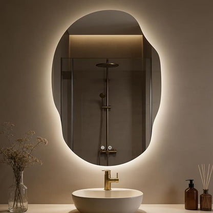 Backlit LED Bathroom Vanity Mirror with Lights, Irregular Asymmetrical Design,45" H x 32" W, Anti-Fog, Dimmable 3 Color Lighting, Memory, Hardwired Mount, Supports Horizontal & Vertical