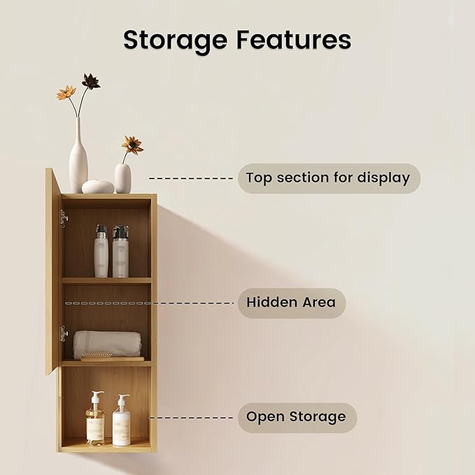 14" Floating Bathroom Storage Cabinet, Modern Wall Cabinets with Soft-Closing Door & Open Shelf, Bathroom Side Cabinet for Small Spaces, Apartment, Oak