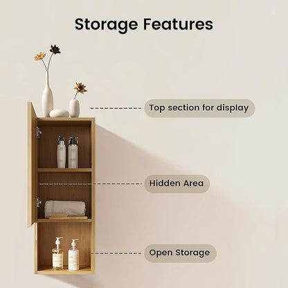 14" Floating Bathroom Storage Cabinet, Modern Wall Cabinets with Soft-Closing Door & Open Shelf, Bathroom Side Cabinet for Small Spaces, Apartment, Oak