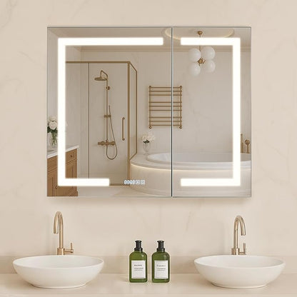 VEVOR Lighted Medicine Cabinet with Mirror, 36 x 30 in Recessed or Wall Mount, 3 Color Dimmable LED Bathroom Medicine Cabinet with HD Mirror, Clock, Adjustable Shelve Storage, Memory Defog Function
