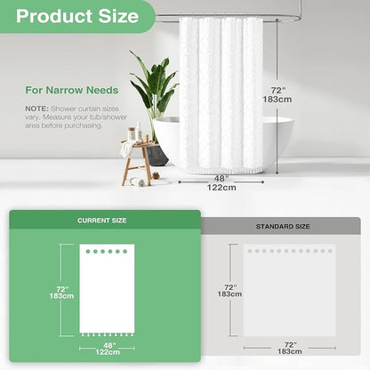 Stall Boho Farmhouse Shower Curtain Tufted Geometric 48"x72" White | 48 Inch Wide, Elegant Tassel, Lightweight Textured Fabric, Water Repellent, Washable, for Narrow Bathroom/Dorm 8 Hooks
