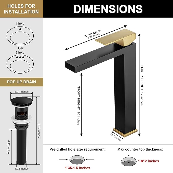 Matte Black and Brushed Gold Vessel Sink Faucet, Lava Odoro Single Handle Bathroom Faucet Single Hole Bathroom Sink Faucet Tall Bowl Sink Faucet with Drain Assembly, BF307-GB-T
