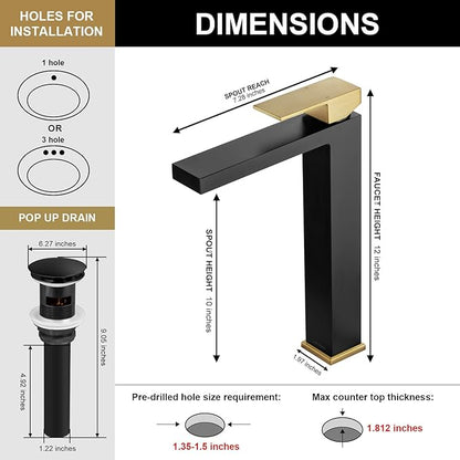 Matte Black and Brushed Gold Vessel Sink Faucet, Lava Odoro Single Handle Bathroom Faucet Single Hole Bathroom Sink Faucet Tall Bowl Sink Faucet with Drain Assembly, BF307-GB-T