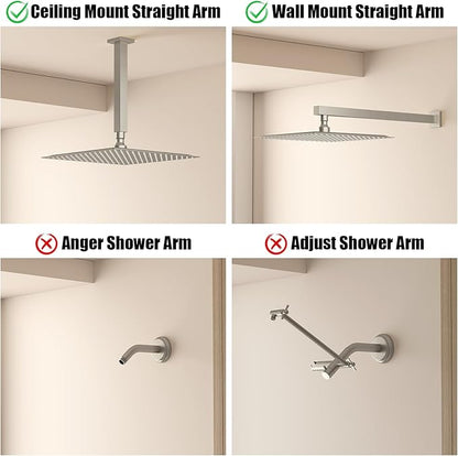 12" Rain Shower Head High Pressure Rainfall Shower Head Brushed Nickel | Square Rain Bathroom Showerhead, High Flow, Large Stainless Steel, Ceiling Mounted, Wall Mounted, Waterfall Full Body