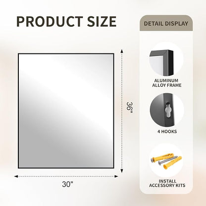 FICTOR Bathroom Vanity Mirror for Over Sink, 30" x 36", Black | Anti-Rust Frame, Shatterproof Tempered Glass, Vertical/Horizontal Wall Mounted Mirror for Bedroom, Entryway, Living Room