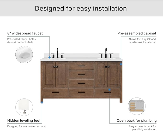 ARIEL Cambridge 66-inch Bathroom Vanity with Sink,Solid Wood, 1.5-inch Pure White Quartz Countertop & Backsplash, Double Oval Porcelain Sink, 4 Soft Closing Doors, 6 Dovetail Drawers, Brown Oak