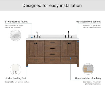 ARIEL Cambridge 66-inch Bathroom Vanity with Sink,Solid Wood, 1.5-inch Pure White Quartz Countertop & Backsplash, Double Oval Porcelain Sink, 4 Soft Closing Doors, 6 Dovetail Drawers, Brown Oak
