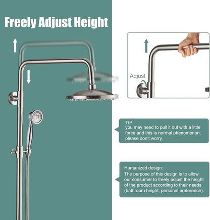 Heyalan Exposed Shower System, 8 Inch Rain Head, Handheld,Brushed Nickel | Exposed shower system with 8 inch rain head, handheld sprayer, single handle control, and complete wall-mounted setup.