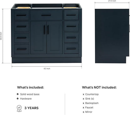 ARIEL Hepburn 42-inch Bathroom Vanity Base Cabinet,Solid Wood, 2 Soft Closing Doors, 9 Dovetail Drawers, Midnight Blue