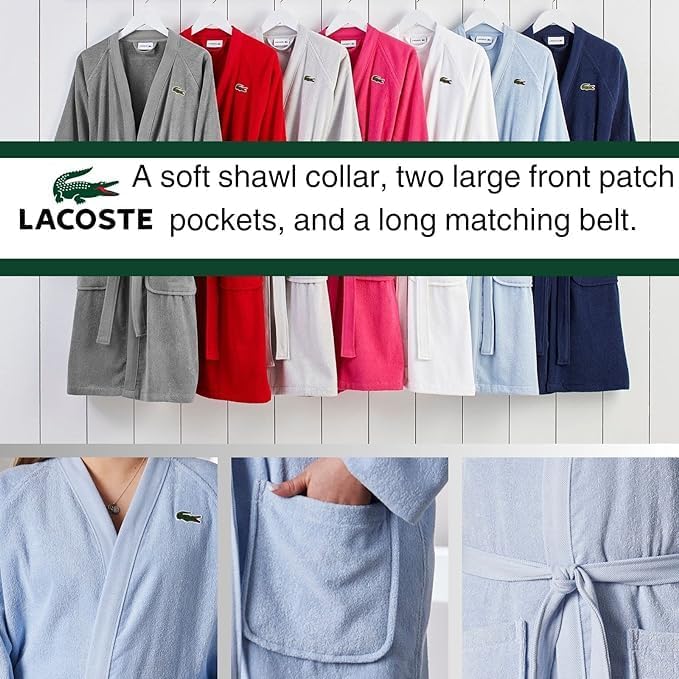 Lacoste Classic Pique Bath Robe, 100% Soft Cotton Terry, Unisex Adult Bathrobe, Absorbent & Quick Drying, One Size Fits Most